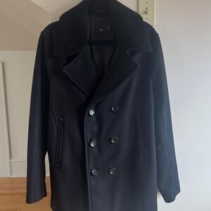 Vince Black Double-Breasted Wool Peacoat with Removable Sherpa Collar